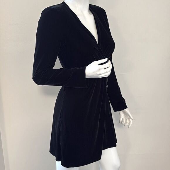 The Kooples Black Velvet Long Sleeve Wrap Style Mini Dress w Rhinestone Buttons - Picture 7 of 10